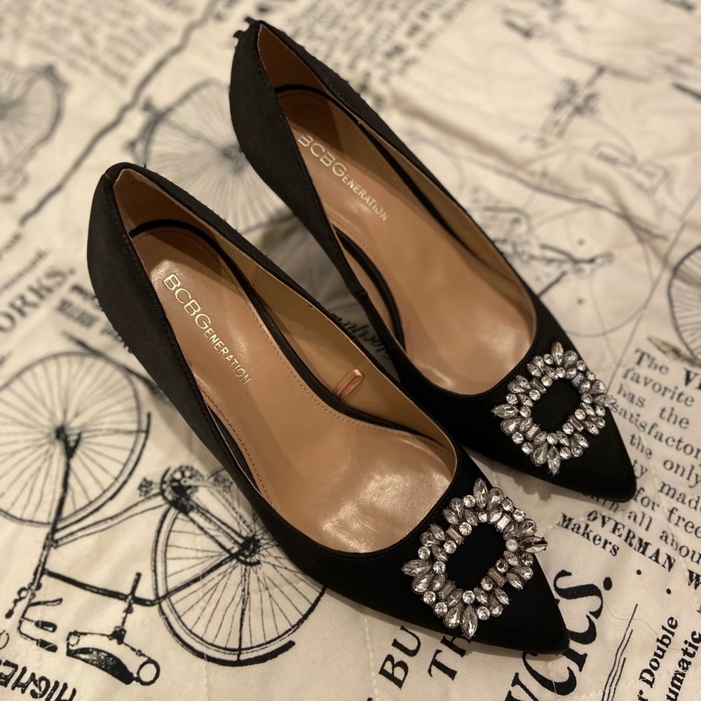 BCBG Black Heels with Crystal Embellishments
